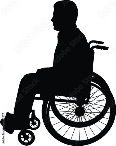 Silhouette of disabled man sitting in wheelchair, side view vector illustration isolated on white background