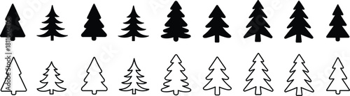 Vector Black and White Christmas Tree Icons Collection, Elegant Outline and Solid Silhouette Styles, Evergreen Pine Forest Shapes, Winter Holiday Season Design Elements, Isolated Graphics.