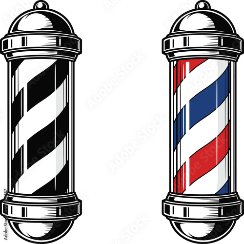 Vector illustration of classic vintage barber pole, retro engraved style barbershop sign, red white blue and monochrome stripes, isolated design element for hair salon branding.