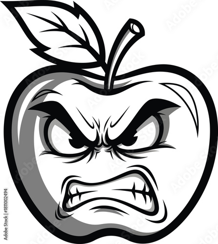 Furious apple fruit mascot with an aggressive face a bold black and white line art illustration.