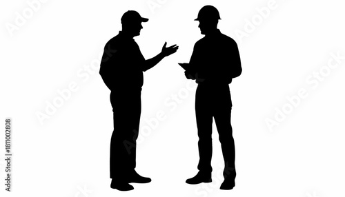 Silhouette of Two Workers Discussing Project Plans and Construction Details