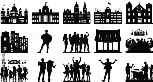 Collection of black silhouette icons featuring buildings and groups of people architecture