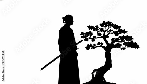A minimalist silhouette of a Japanese samurai warrior standing with a katana sword beside a traditional bonsai tree