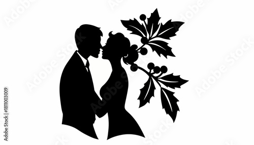 Silhouette of a couple in love, celebrating their union with a sprig of mistletoe, evoking romance and holiday cheer