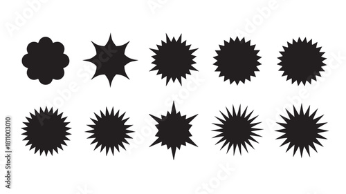 Collection of ten black starburst shapes isolated on, perfect for adding emphasis to designs
