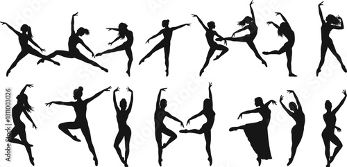 Collection of Black Silhouettes of Ballet Dancers in Various Poses white background