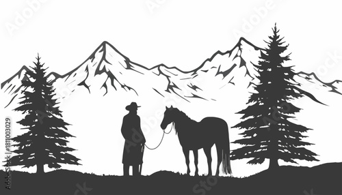 Silhouette of a cowboy and his horse standing in a mountain landscape with pine trees. Western wilderness vector illustration
