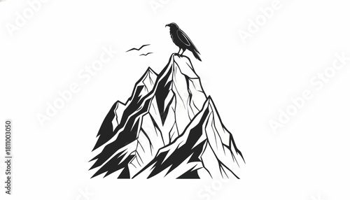 Mountain peak with a perched bird silhouette, simple nature-themed logo for outdoor adventures