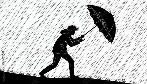 A person struggles against a fierce wind and rain, holding an umbrella for protection
