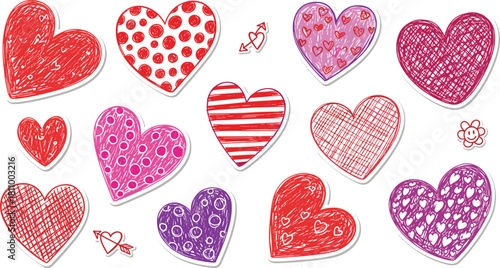 Naive Hand Drawn Crayon Hearts Sticker Sets.