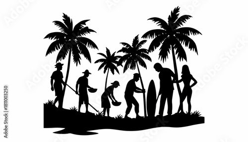 Silhouetted tropical beach scene with diverse people enjoying leisure activities and summer vibes under swaying palm trees, ideal for travel and vacation designs