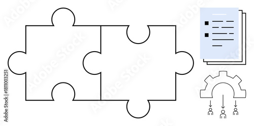 Connected puzzle pieces symbolize teamwork adjacent documents represent organization, and a workflow diagram expresses process optimization. Ideal for collaboration, integration, teamwork
