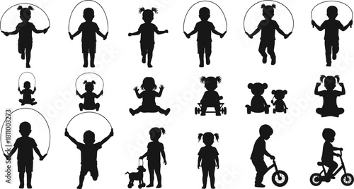 Collection of black silhouettes of children engaged in various activities like jumping rope riding bicycles and playing