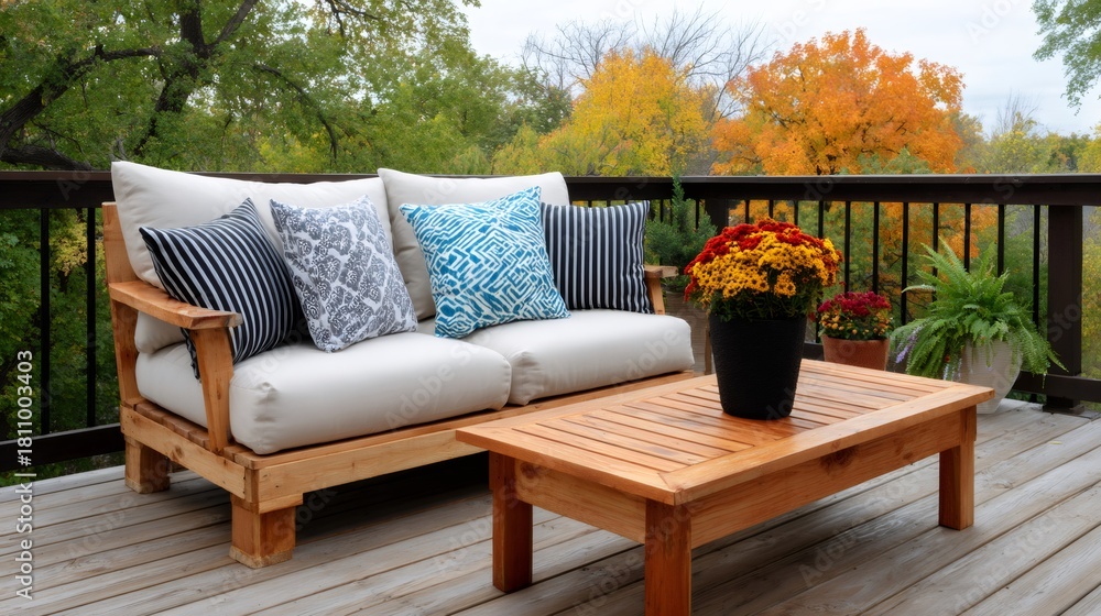 Obraz premium Outdoor patio sofa and coffee table in autumn