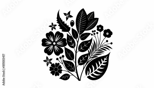 Charming black and white vector graphic of a floral cluster with stylized leaves, blossoms, and botanical details