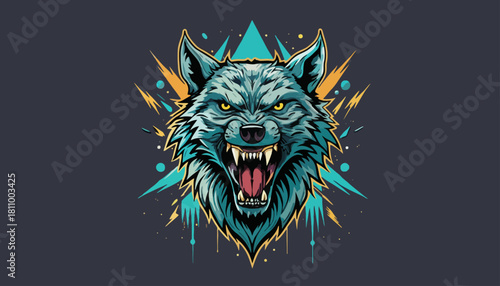 Intense Wolf Head Illustration with Fierce Expression and Abstract Geometric Design on a Dark Background - Dynamic Digital Art for Bold Statements