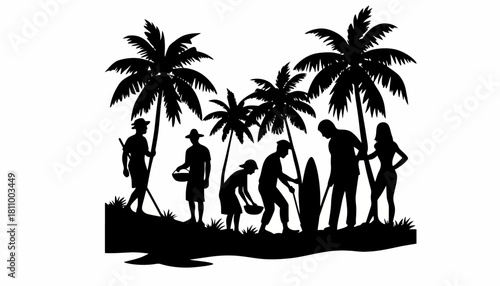 Silhouetted group of people harvesting coconuts under palm trees on a tropical beach