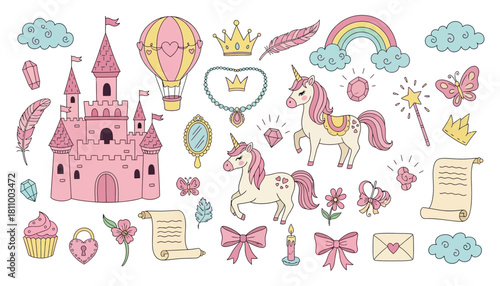 Hand drawn fairytale set with castle, unicorn, rainbow, crown, air balloon