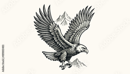 Majestic Eagle Soaring Illustration - Wildlife Art with Detailed Feathers and Mountain Backdrop