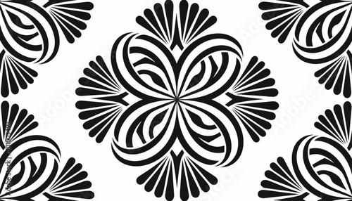 Elegant symmetrical ornamental design featuring abstract floral motifs and swirling black lines on a white background, a seamless vector graphic