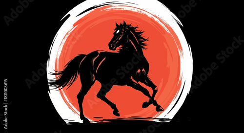 Dynamic black horse silhouette illustration against a vibrant, painterly red sun, symbolizing power, speed, and spirit in a captivating artistic design