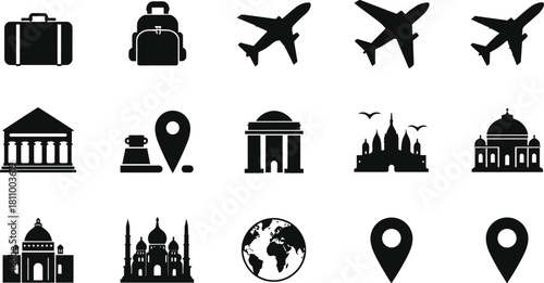 Collection of black travel and location icons including airplanes buildings and luggage