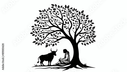 Illustration of a person and an ox resting under a tree, representing nature and peace