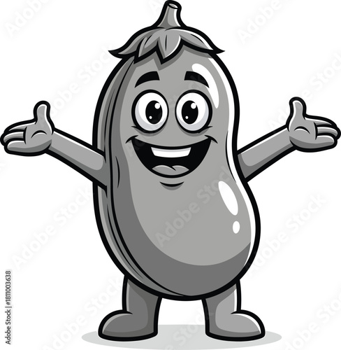 Joyful black and white cartoon eggplant character with a big smile and welcoming open arms.