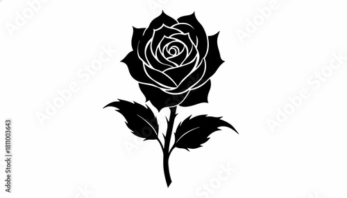 Elegant black rose with stem and leaves, a beautiful monochrome floral vector illustration isolated on a white background