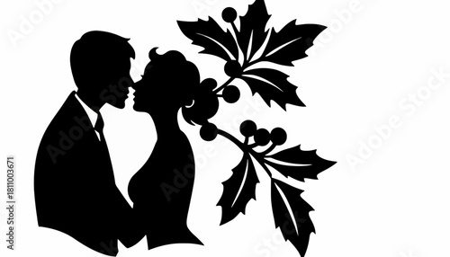 Elegant black silhouette vector of a man and woman in love, sharing a tender moment under a sprig of Christmas holly