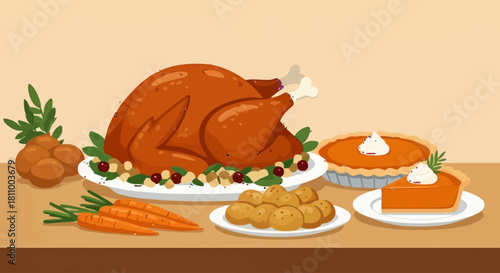 Thanksgiving Feast A Delicious Illustration of Roasted Turkey, Side Dishes, and Pumpkin Pie