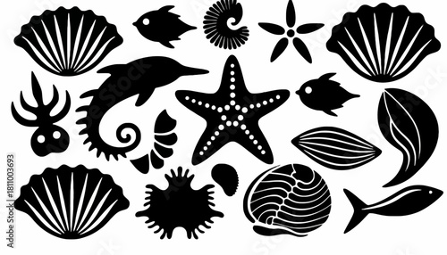 An extensive collection of intricate black silhouettes featuring diverse sea creatures and elegant seashells for marine-themed graphic designs