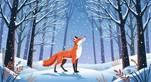 A charming illustration of a fox in a snowy forest, looking up at falling snow