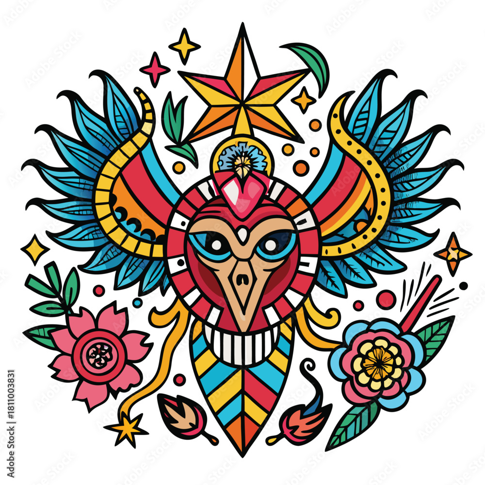 Obraz premium Colorful owl emblem with stars and flowers isolated on