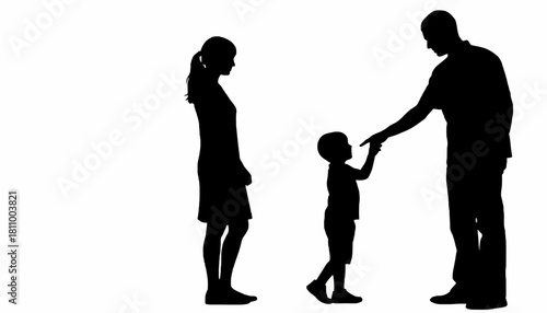 A vector silhouette depicting a challenging parenting moment, with a father disciplining his young child as the mother observes