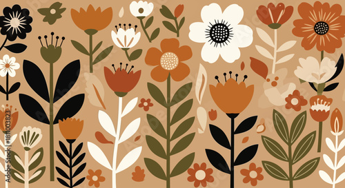 A charming collection of stylized folk art flowers and botanical elements arranged in a decorative pattern on a warm, earthy background