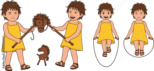Four cartoon children in yellow dresses playing with toys and jumping rope hobby horse