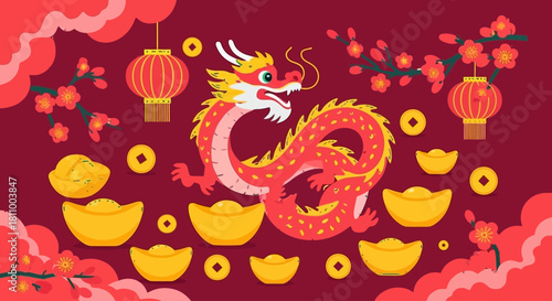 Vibrant illustration celebrating Chinese Lunar New Year with a majestic red dragon, traditional lanterns, and symbolic gold ingots representing prosperity and good fortune