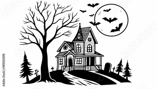 Halloween illustration of a haunted house with bats flying in the full moon and spooky trees