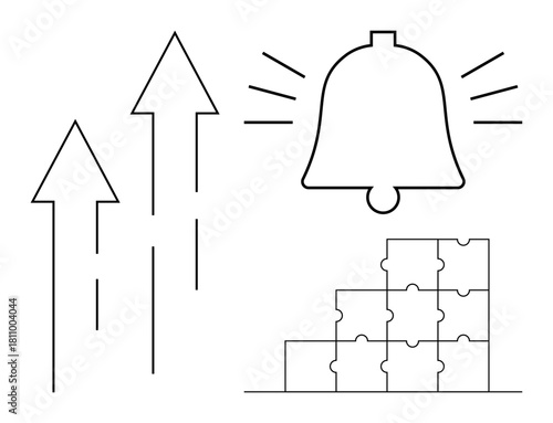Business growth concept. Elements include arrows signifying growth, a notification bell for alerts, and puzzle pieces teamwork. Relevant for strategy, productivity, innovation, and decision-making