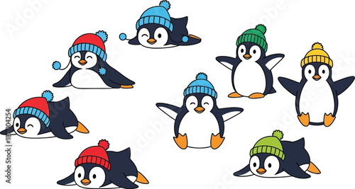 Playful penguins wearing winter hats sliding on ice having fun in the snow day