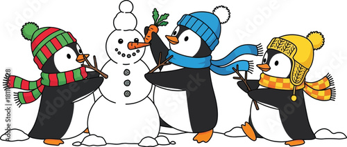 Three cute penguins building a snowman together in a snowy winter scene