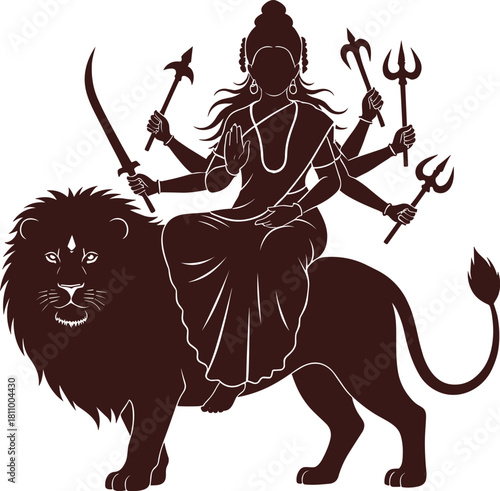 Silhouette of Hindu goddess Durga riding a lion holding weapons India