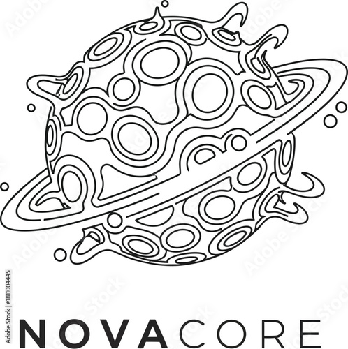 Black and white line art illustration of a planet with rings and craters design