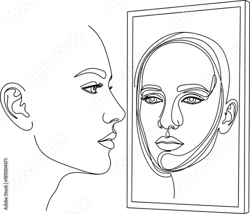 Woman looking at her reflection in a mirror in a continuous line drawing