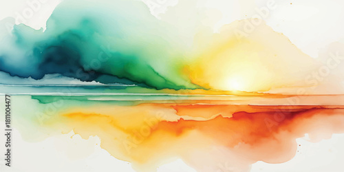 Watercolor painting landscape featuring a cloudy blue sky, summer sun, and reflections on the sea water at the horizon