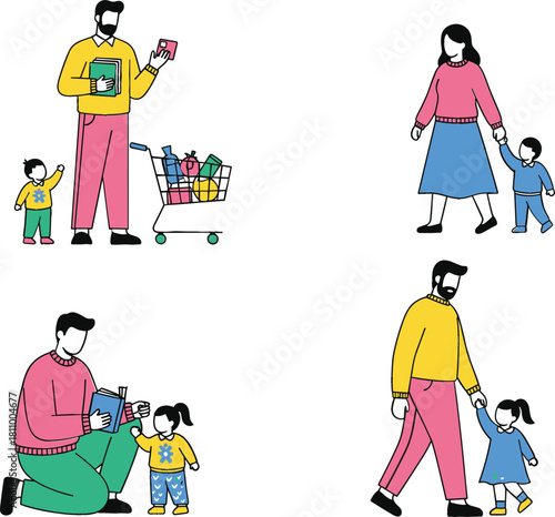 Simple vector illustration of a worried little girl being comforted by a mother or counselor on a bench, symbolizing family support, emotional distress, and mental health awareness and communication.