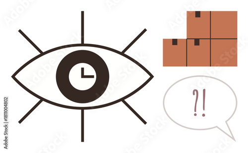 Eye with clock symbolizes time management or surveillance, paired with boxes for logistics or delivery concepts. Speech bubble adds urgency. Ideal for productivity, shipping, monitoring, scheduling