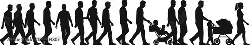 Silhouettes of people walking in a line with a baby stroller and a child pushing a stroller