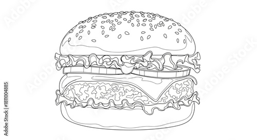 Vector illustration of black and white outline drawing of a cheeseburger